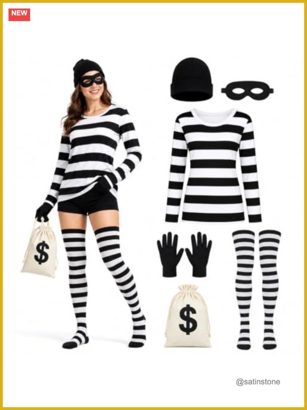 6-Piece Women's Robber Costume Set Halloween Striped Shirt & Accessories